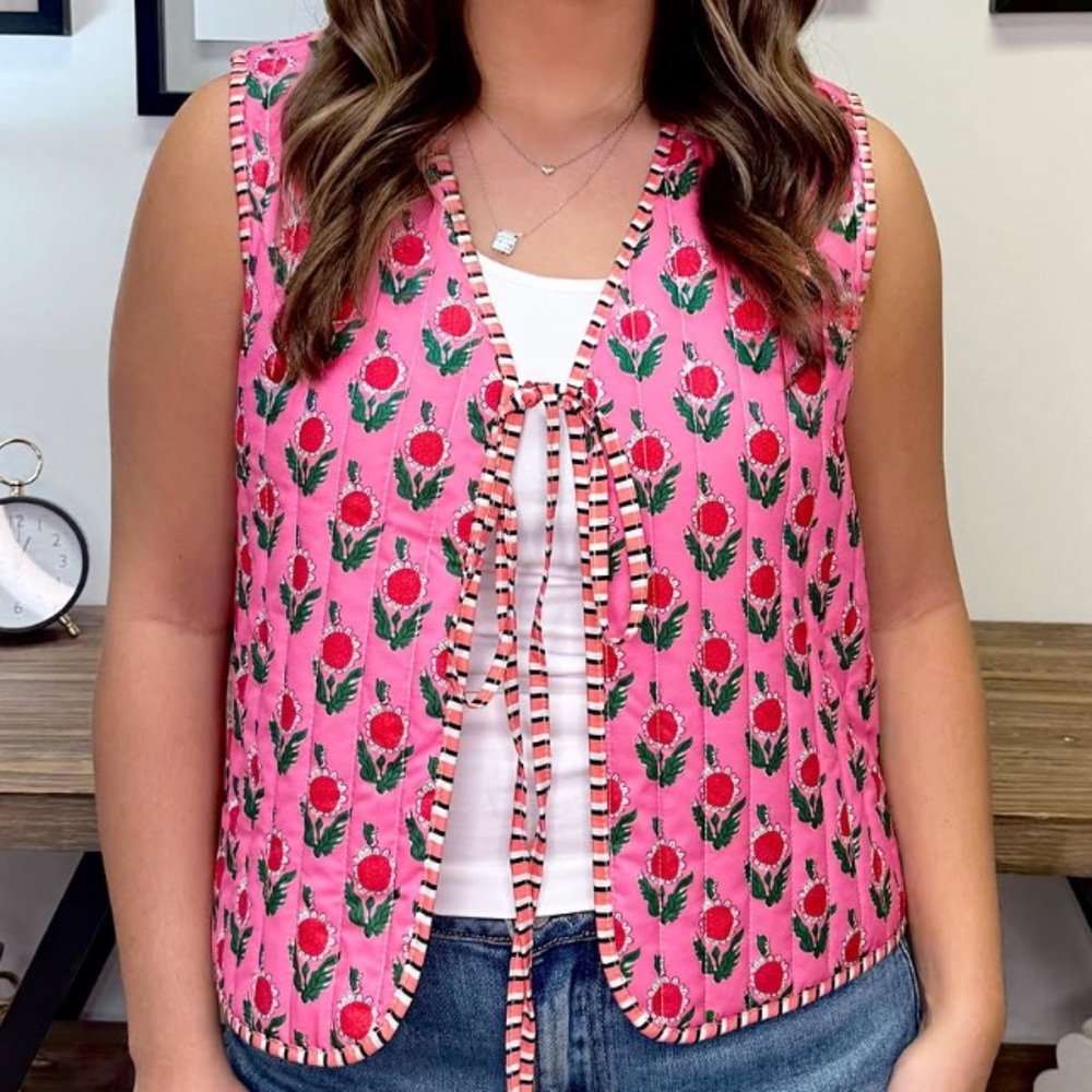 Pink Floral Tie-Front Reversible Vest